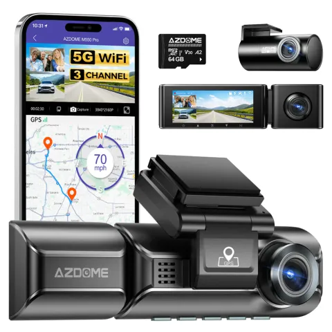 Camera auto de bord AZDOME M550 Pro cu 3 canale 4K, WiFi 5G, WDR Night Vision, 150°, ecran IPS 3.19", GPS, aplicatie dedicata, G-sensor si monitorizare parcare